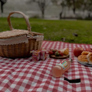 Basket on picnic cloth with food and drink